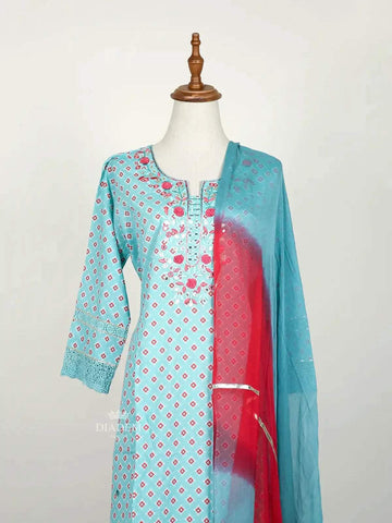 Light Blue Straight Cut Salwar Suit Adorned with Thread Work and Design Prints along with Dupatta - Diadem