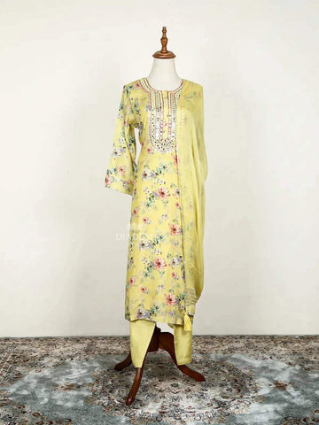 Lemon Yellow Straight Cut Salwar Suit Adorned with Floral Prints and Mirror work along with Dupatta - Diadem