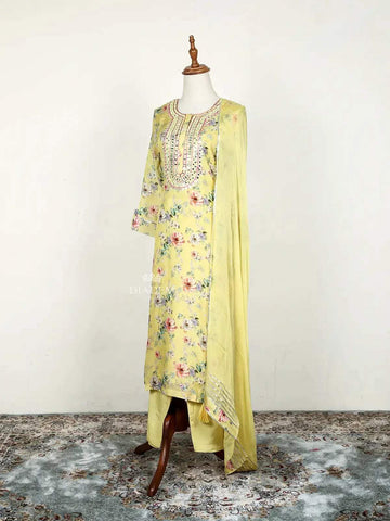 Lemon Yellow Straight Cut Salwar Suit Adorned with Floral Prints and Mirror work along with Dupatta - Diadem