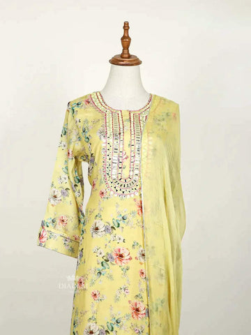 Lemon Yellow Straight Cut Salwar Suit Adorned with Floral Prints and Mirror work along with Dupatta - Diadem