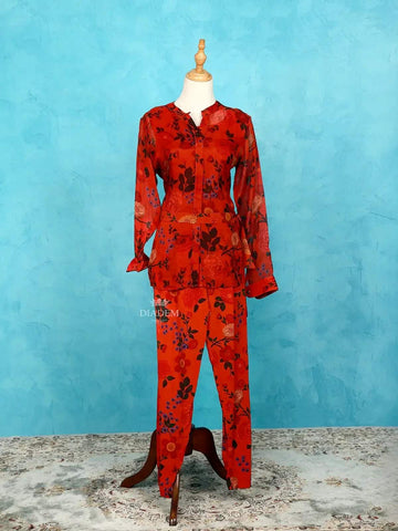 Red Floral Prints Salwar Suit along with Blouse, Pant and Waist Belt - Diadem