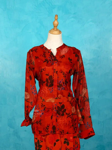 Red Floral Prints Salwar Suit along with Blouse, Pant and Waist Belt - Diadem