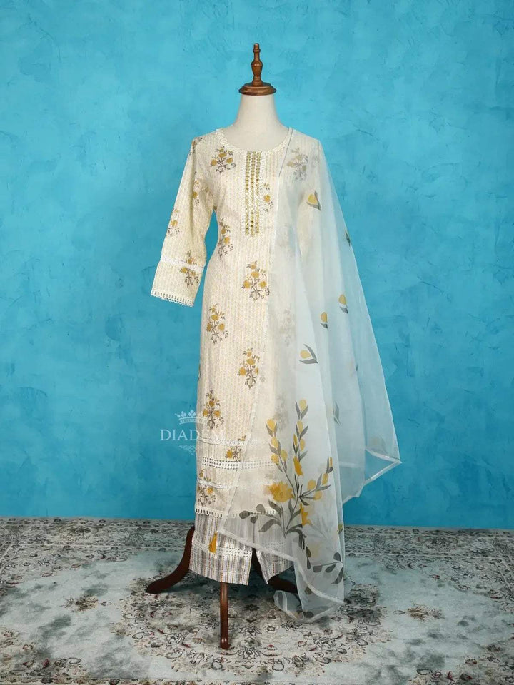 Off White Straight Cut Salwar Suit Adorned with Floral Prints and Embroidery along with Dupatta - Diadem