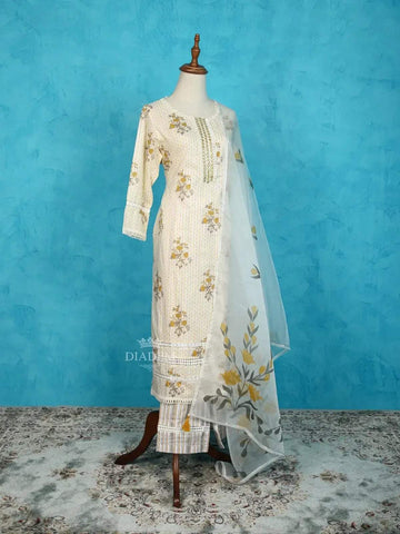 Off White Straight Cut Salwar Suit Adorned with Floral Prints and Embroidery along with Dupatta - Diadem