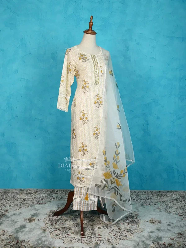 Off White Straight Cut Salwar Suit Adorned with Floral Prints and Embroidery along with Dupatta - Diadem