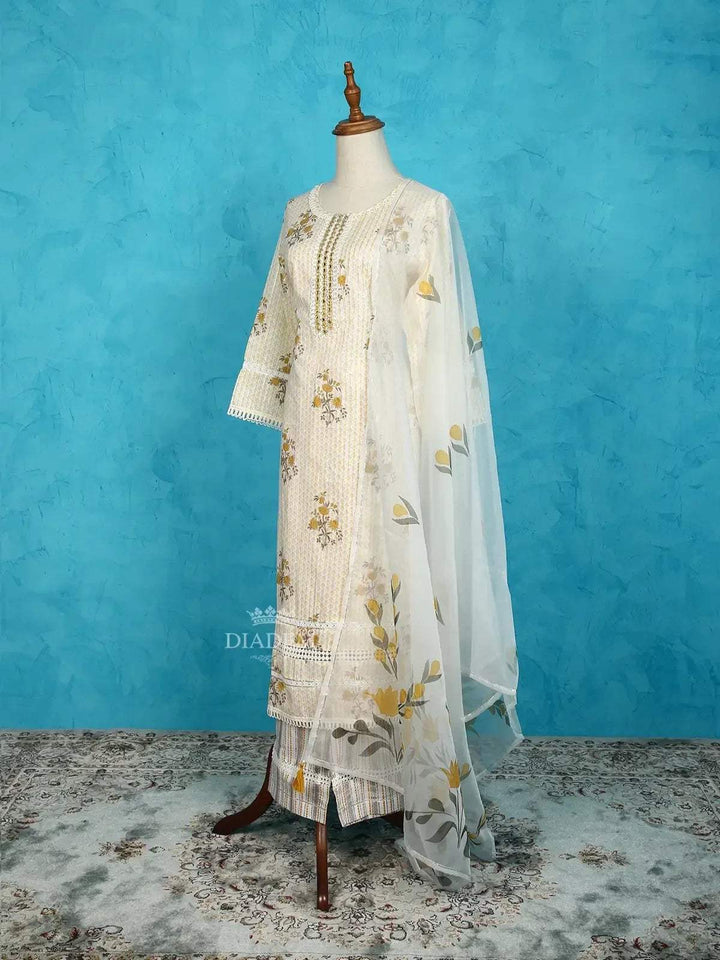 Off White Straight Cut Salwar Suit Adorned with Floral Prints and Embroidery along with Dupatta - Diadem