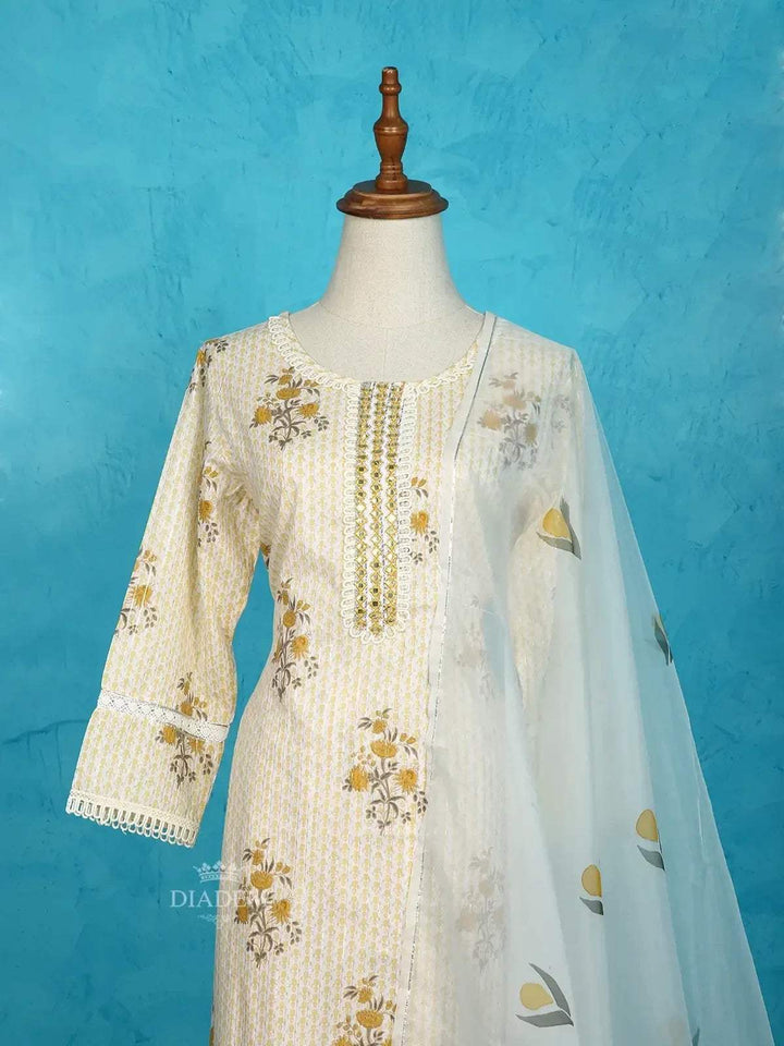 Off White Straight Cut Salwar Suit Adorned with Floral Prints and Embroidery along with Dupatta - Diadem