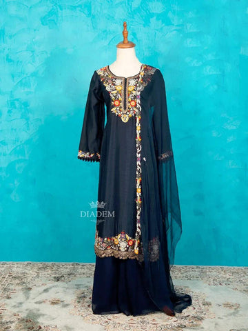 Navy Blue Palazzo Salwar suit for Girls with Embroidery Kurta along with Dupatta - Diadem