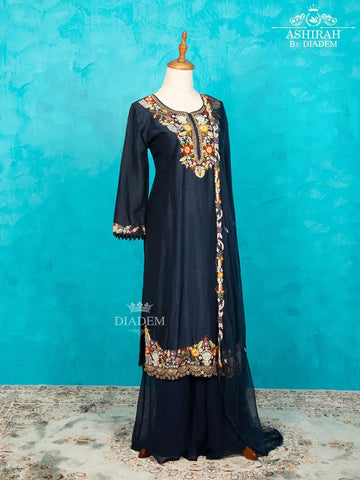 Navy Blue Palazzo Salwar suit for Girls with Embroidery Kurta along with Dupatta - Diadem