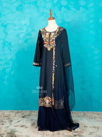 Navy Blue Palazzo Salwar suit for Girls with Embroidery Kurta along with Dupatta - Diadem