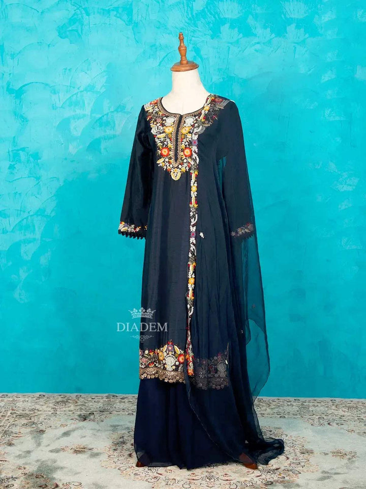 Navy Blue Palazzo Salwar suit for Girls with Embroidery Kurta along with Dupatta - Diadem