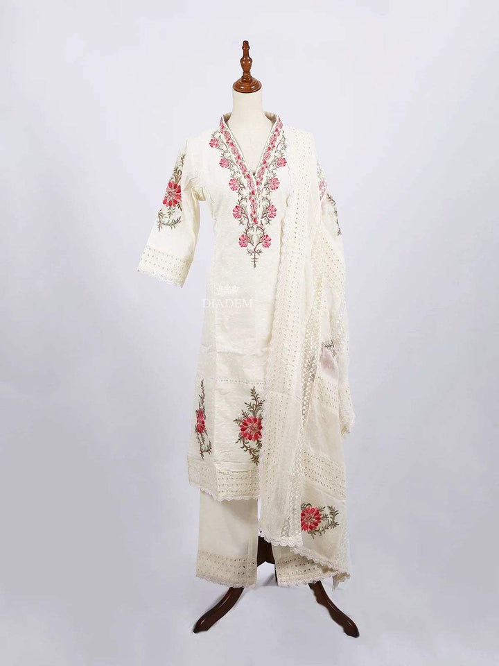 Off White Straight Cut Salwar Suit for Women Adorned with Thread Work Embroidery, paired with Dupatta - Diadem