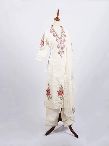 Off White Straight Cut Salwar Suit for Women Adorned with Thread Work Embroidery, paired with Dupatta - Diadem