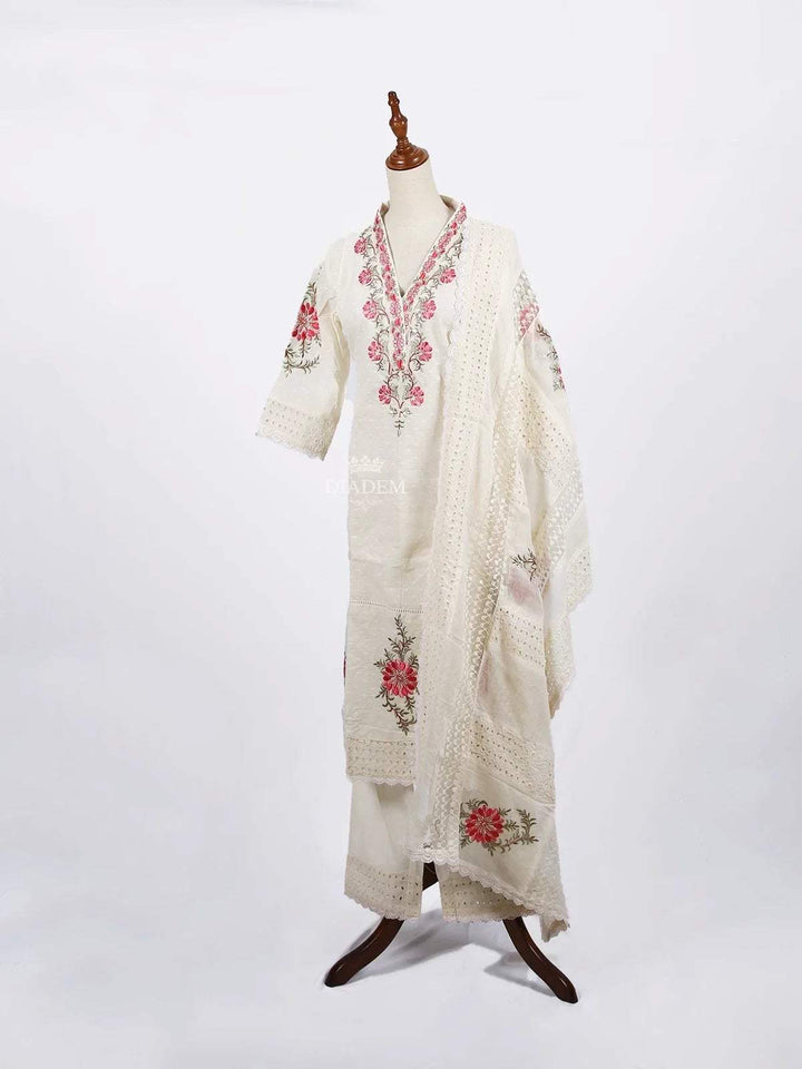 Off White Straight Cut Salwar Suit for Women Adorned with Thread Work Embroidery, paired with Dupatta - Diadem