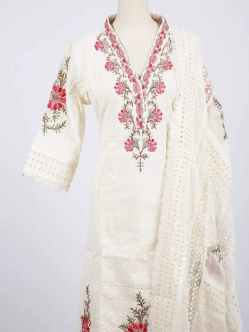 Off White Straight Cut Salwar Suit for Women Adorned with Thread Work Embroidery, paired with Dupatta - Diadem