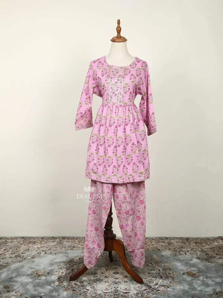 Pink Dhoti Pants with Floral Prints and Threadwork Peplum Top Salwar Suit - Diadem