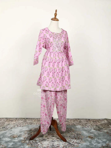 Pink Dhoti Pants with Floral Prints and Threadwork Peplum Top Salwar Suit - Diadem