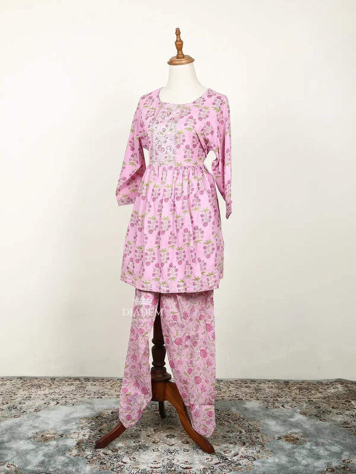 Pink Dhoti Pants with Floral Prints and Threadwork Peplum Top Salwar Suit - Diadem