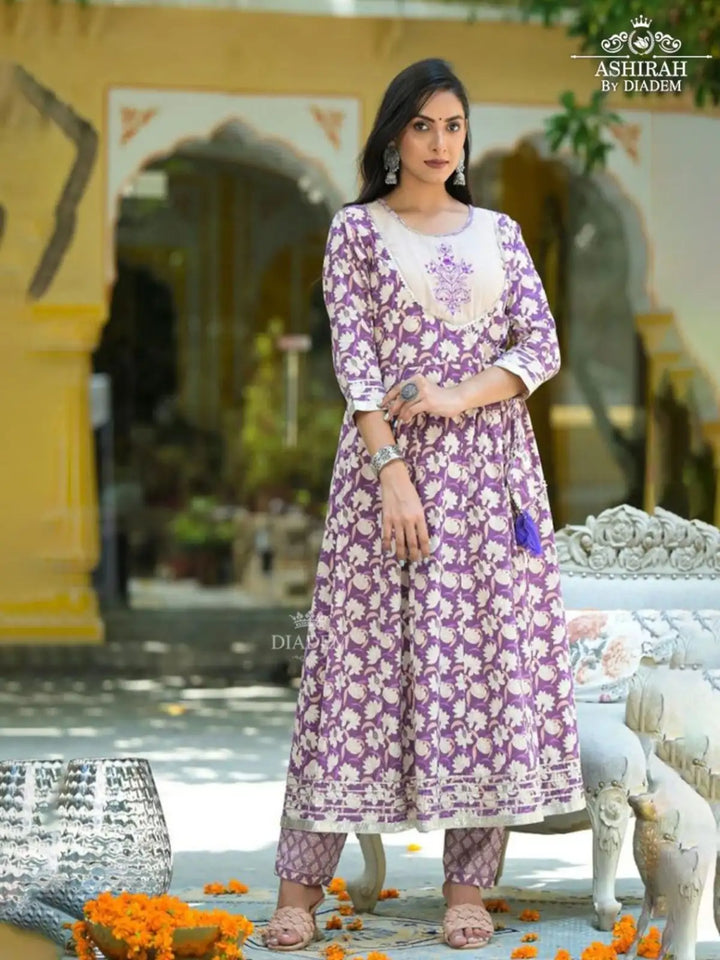 Purple Straight Cut Salwar Suit Adorned in Floral Prints with Dupatta - Diadem