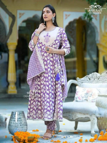 Purple Straight Cut Salwar Suit Adorned in Floral Prints with Dupatta - Diadem