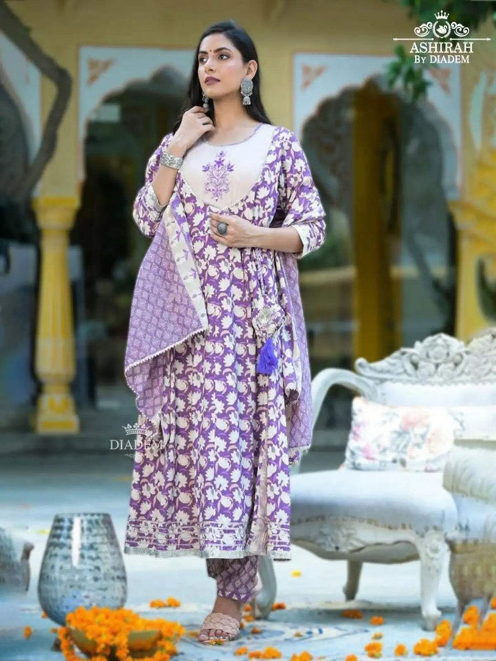 Purple Straight Cut Salwar Suit Adorned in Floral Prints with Dupatta - Diadem