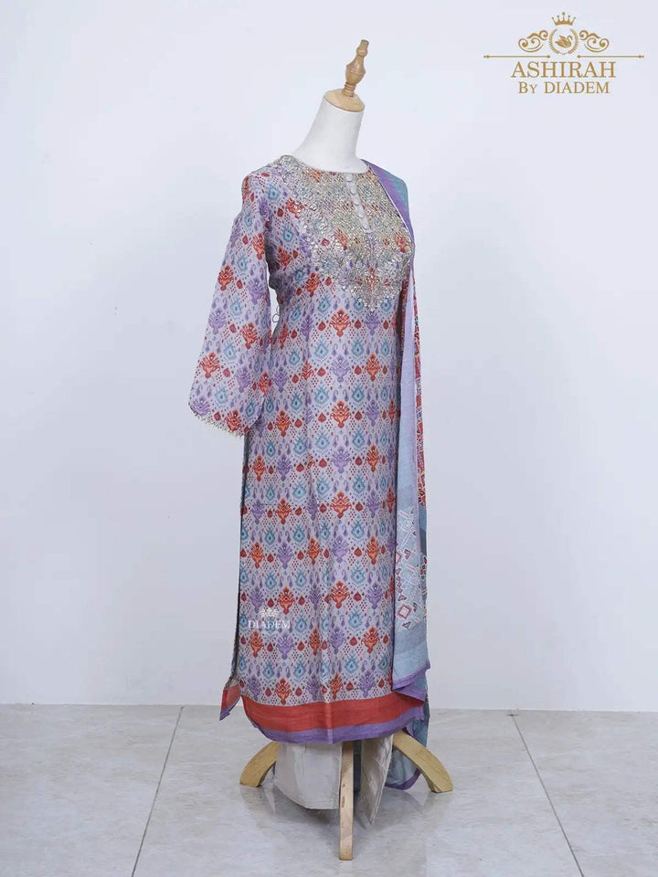 Lavender Straight Cut Salwar Suit Adorned in Embroideries and Prints with Dupatta and Pant - Diadem