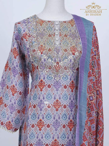 Lavender Straight Cut Salwar Suit Adorned in Embroideries and Prints with Dupatta and Pant - Diadem