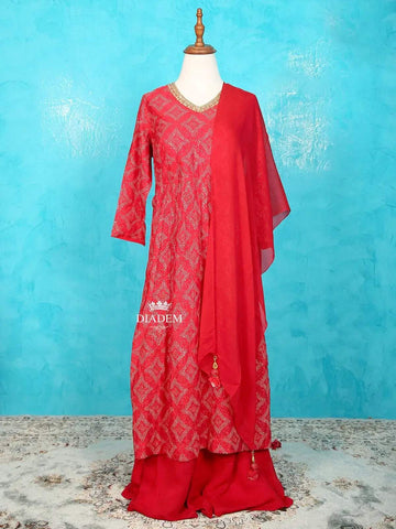 Red Pink Palazzo Salwar Suit for Women Adorned with Prints and Sequins along with Dupatta - Diadem