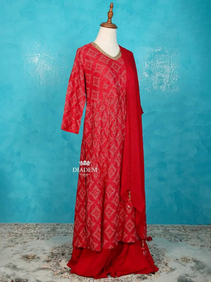 Red Pink Palazzo Salwar Suit for Women Adorned with Prints and Sequins along with Dupatta - Diadem