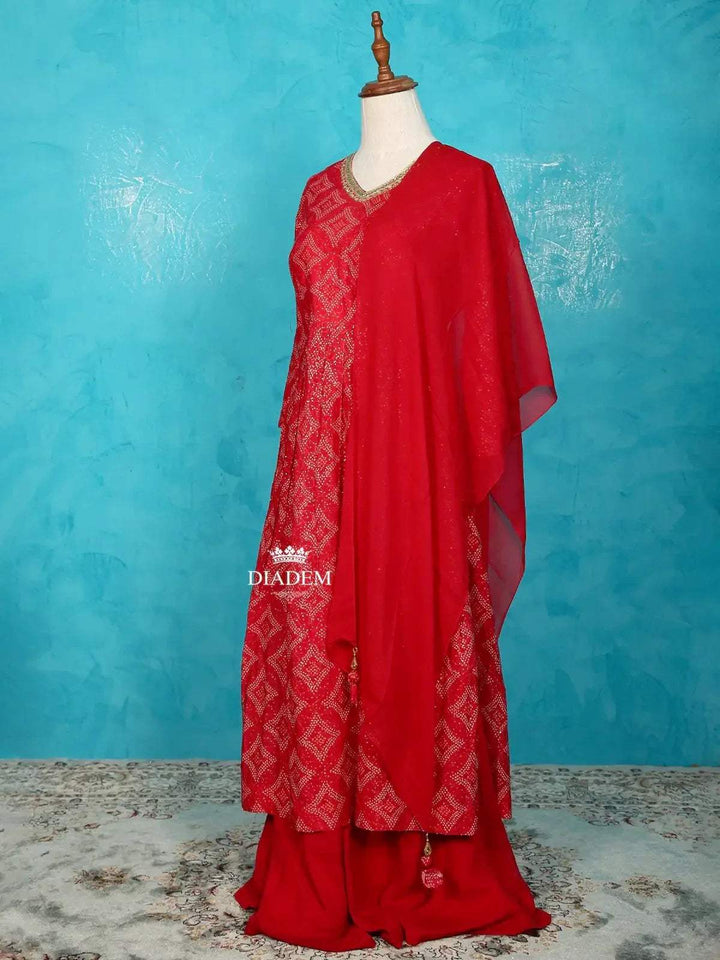 Red Pink Palazzo Salwar Suit for Women Adorned with Prints and Sequins along with Dupatta - Diadem