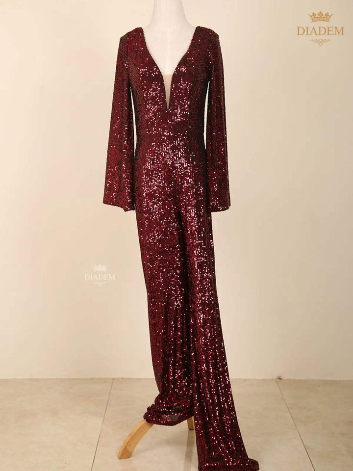 Maroon Sequins Embellished Jumpsuit - Diadem