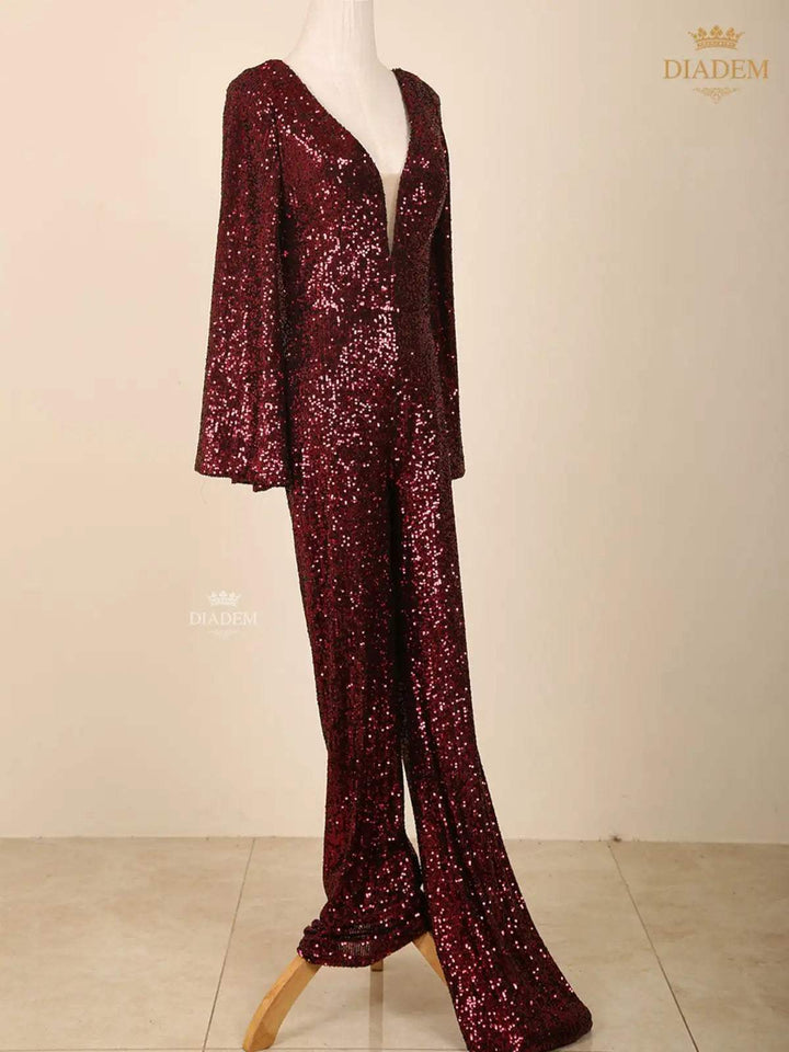 Maroon Sequins Embellished Jumpsuit - Diadem