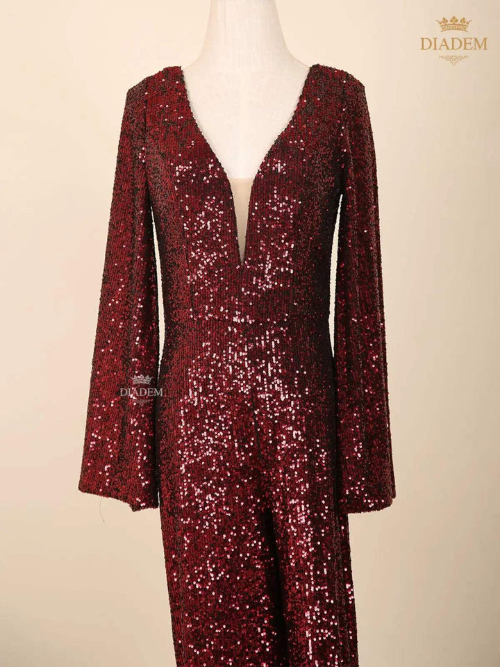 Maroon Sequins Embellished Jumpsuit - Diadem