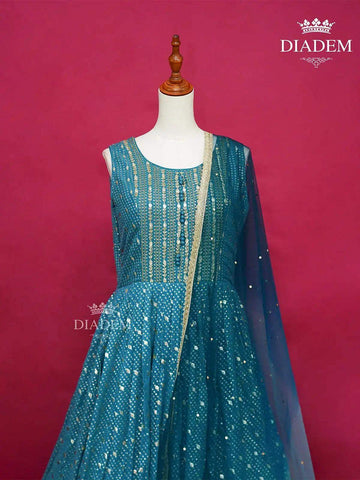 Teal Georgette Gown Embellished with Sequins and Beads - Diadem