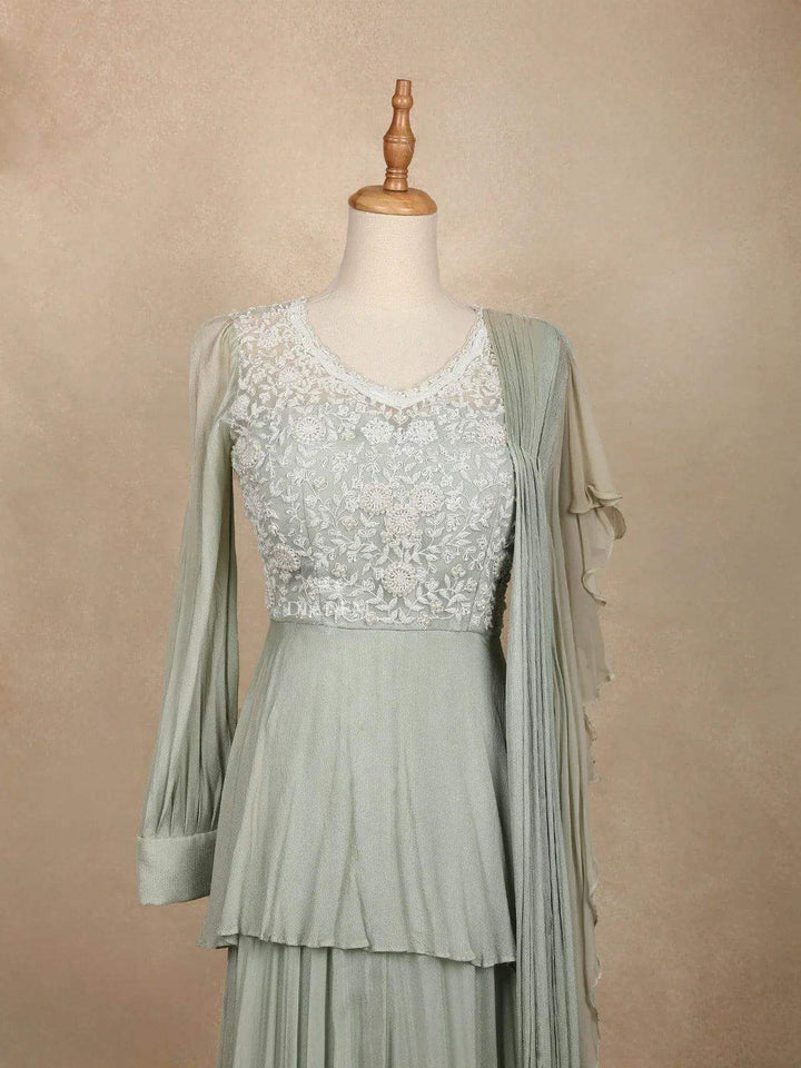 Mint Green Engagement Gown for Bride with Beads, Embroidered Floral Design - Diadem