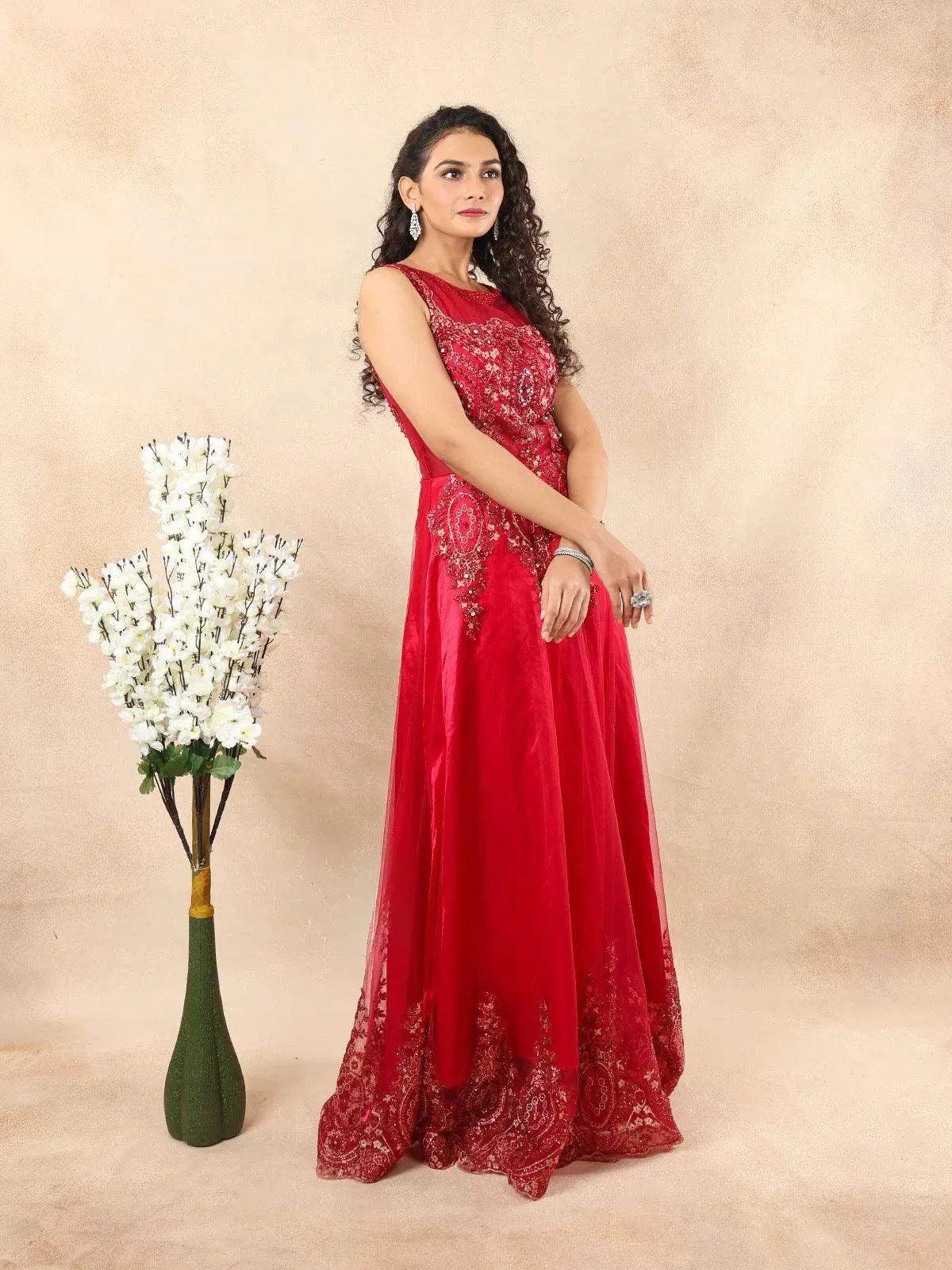 Red Pink Net Engagement Gown with Glitter and Floral Embroidery