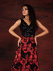 Black Organza with Sequins, Beads and Red Floral Embroidery Gown