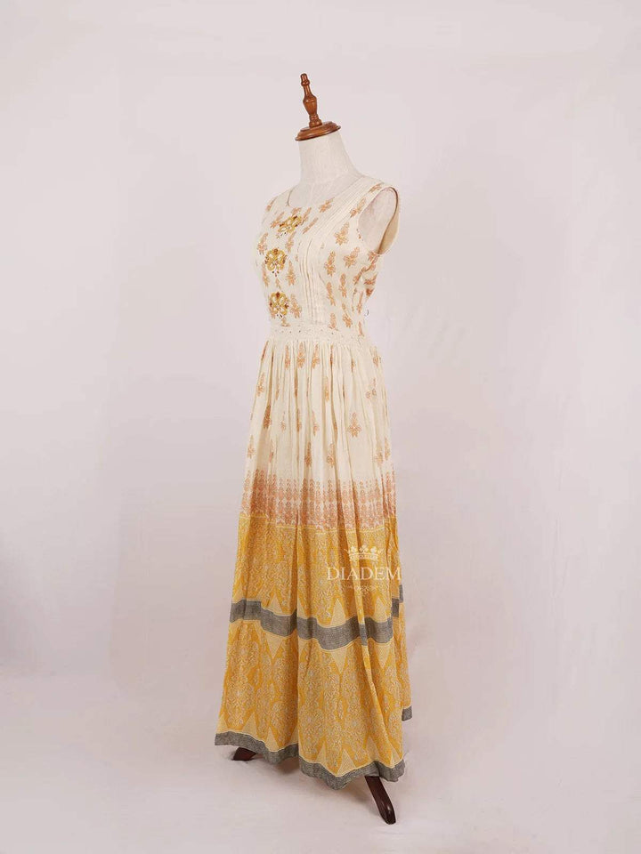 Ivory Cotton Long Kurti Top Adorned with Sequins and Floral Prints and without Dupatta - Diadem