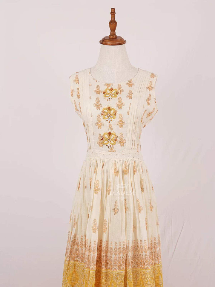 Ivory Cotton Long Kurti Top Adorned with Sequins and Floral Prints and without Dupatta - Diadem