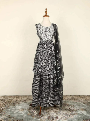 Black Sharara Suit Adorned with Floral Prints along with Dupatta - Diadem