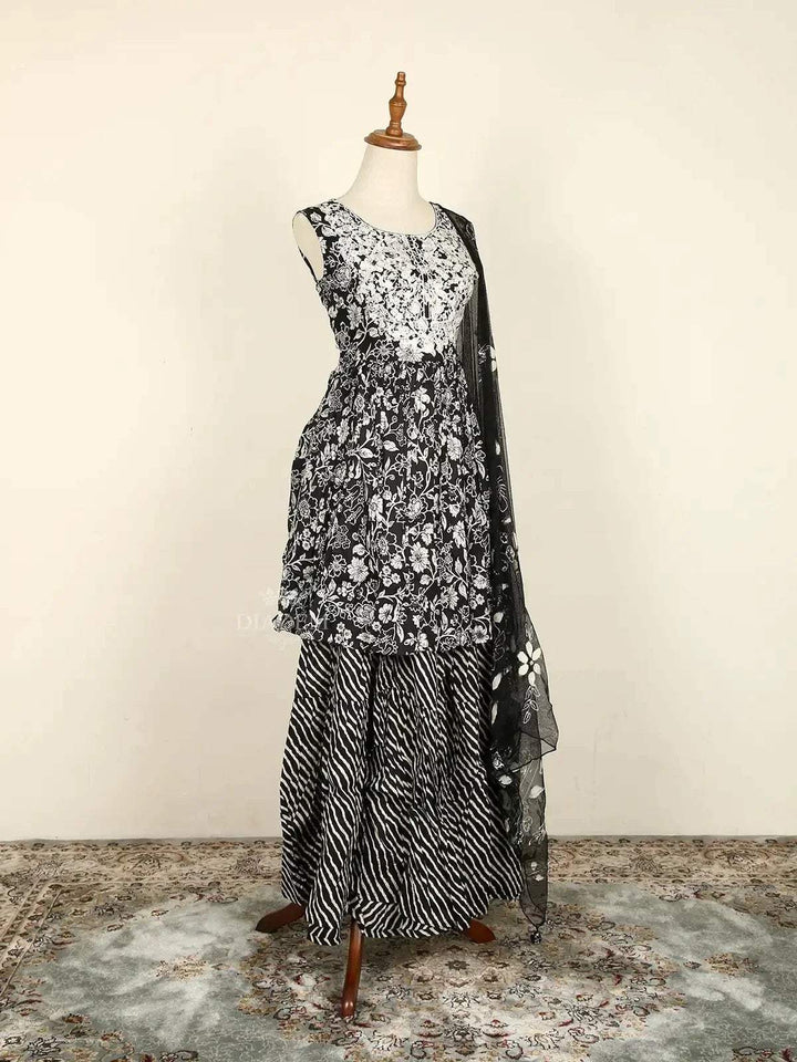 Black Sharara Suit Adorned with Floral Prints along with Dupatta - Diadem