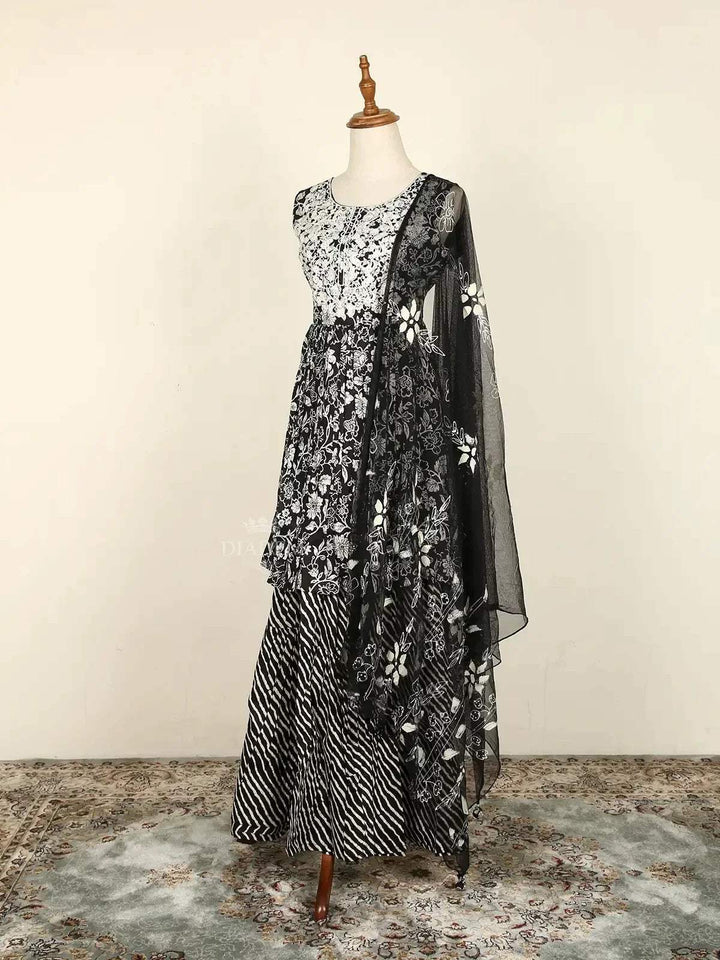 Black Sharara Suit Adorned with Floral Prints along with Dupatta - Diadem