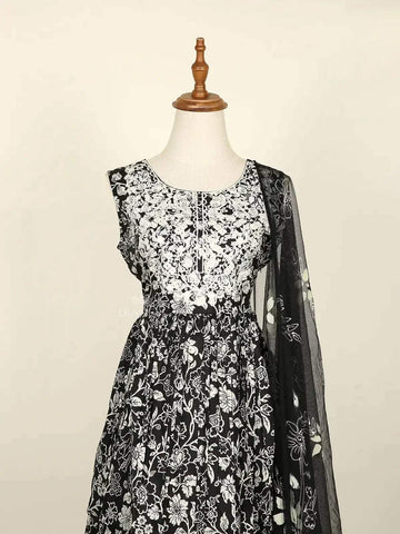 Black Sharara Suit Adorned with Floral Prints along with Dupatta - Diadem