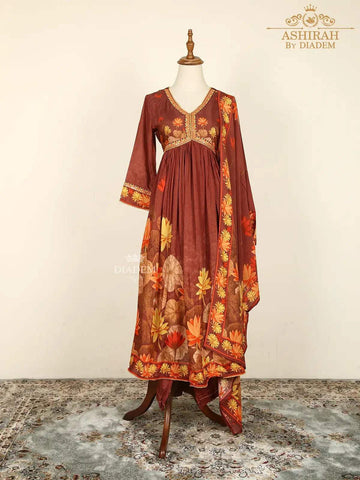 Brown Straight Cut Salwar Suits Adorned with Floral Embroidery and Prints along with Dupatta - Diadem