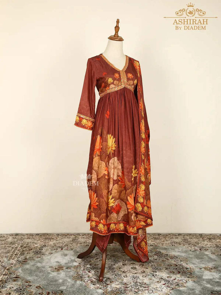 Brown Straight Cut Salwar Suits Adorned with Floral Embroidery and Prints along with Dupatta - Diadem