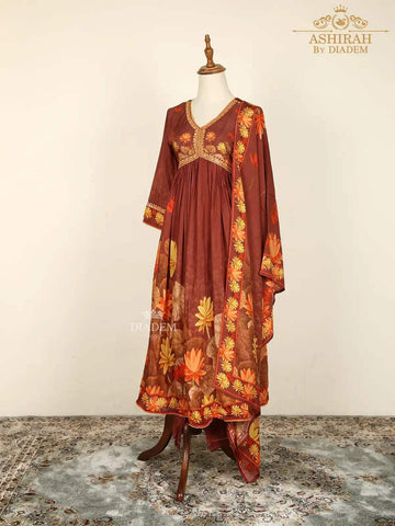 Brown Straight Cut Salwar Suits Adorned with Floral Embroidery and Prints along with Dupatta - Diadem