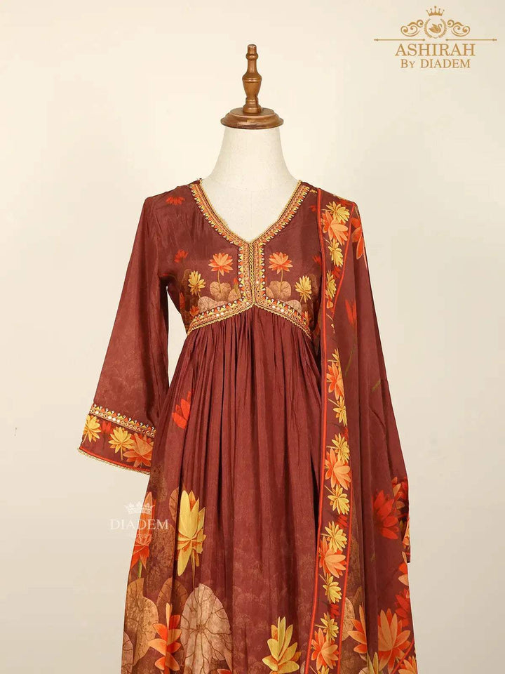 Brown Straight Cut Salwar Suits Adorned with Floral Embroidery and Prints along with Dupatta - Diadem