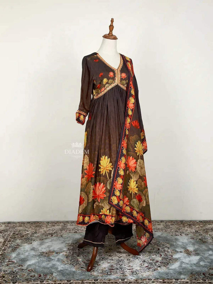 Dark Brown Straight Cut Salwar Suits Adorned with Floral Embroidery and Prints along with Dupatta - Diadem