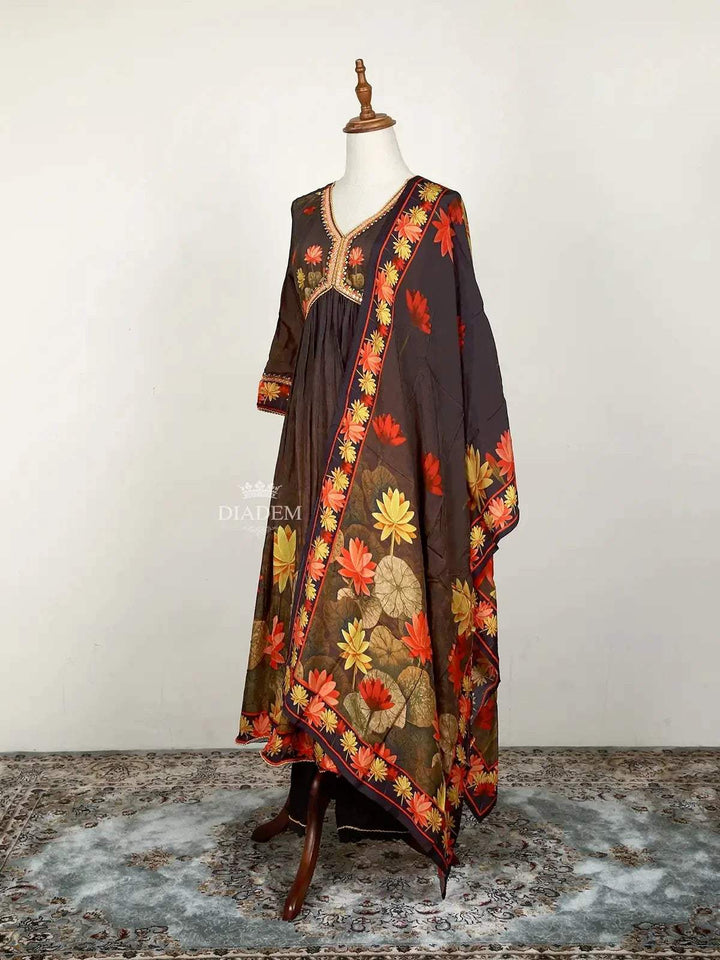 Dark Brown Straight Cut Salwar Suits Adorned with Floral Embroidery and Prints along with Dupatta - Diadem