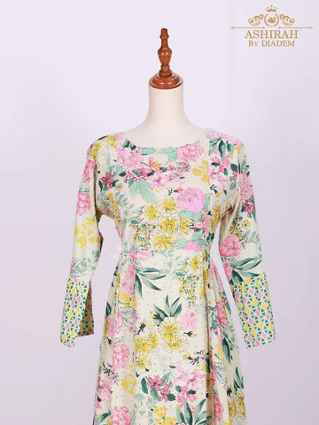 Multicolor Long Kurti Adorned with Floral Prints and Thread work - Diadem
